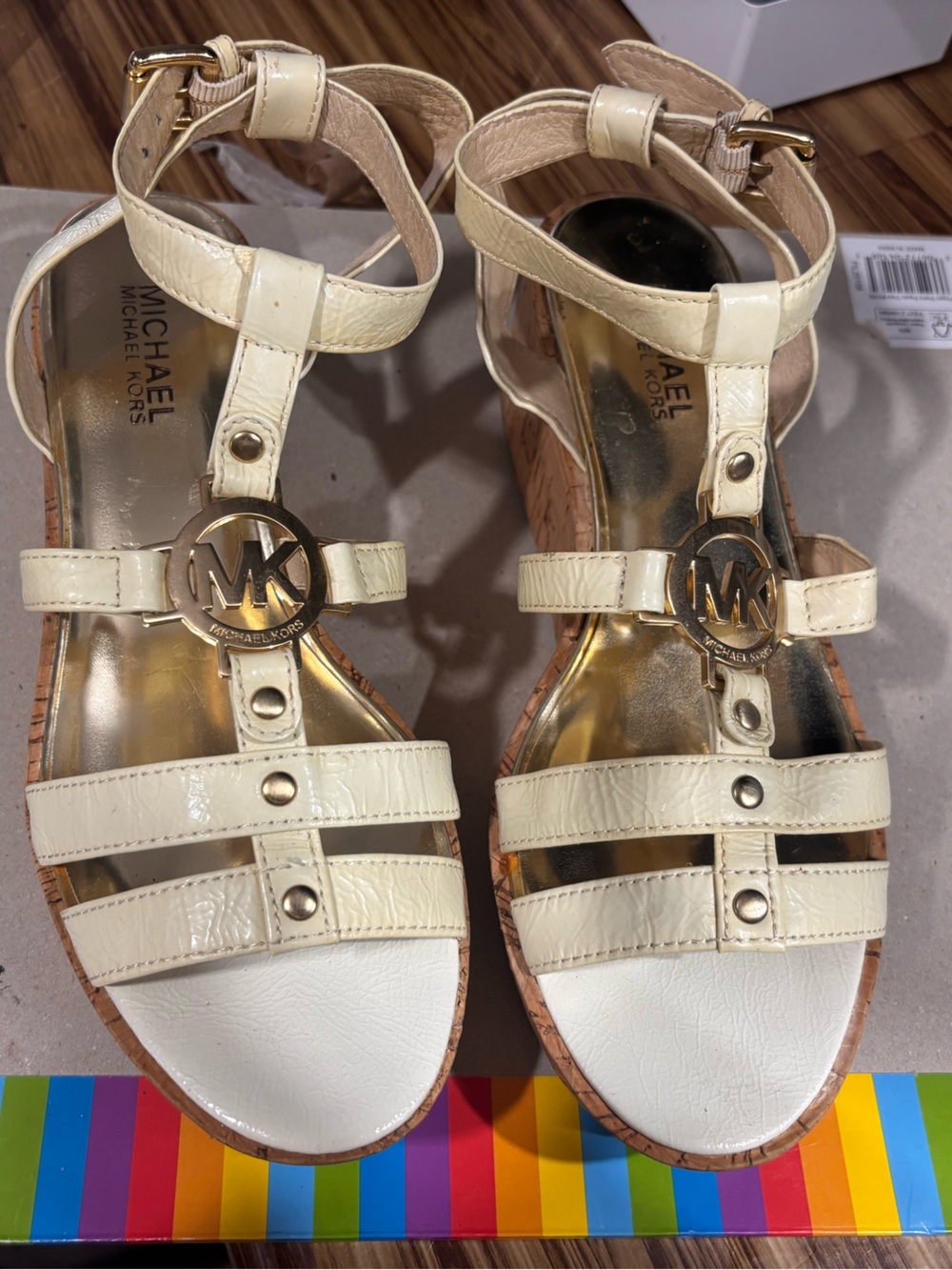Michael Kors Women's Cream Logo T-Strap Wedge Sandals